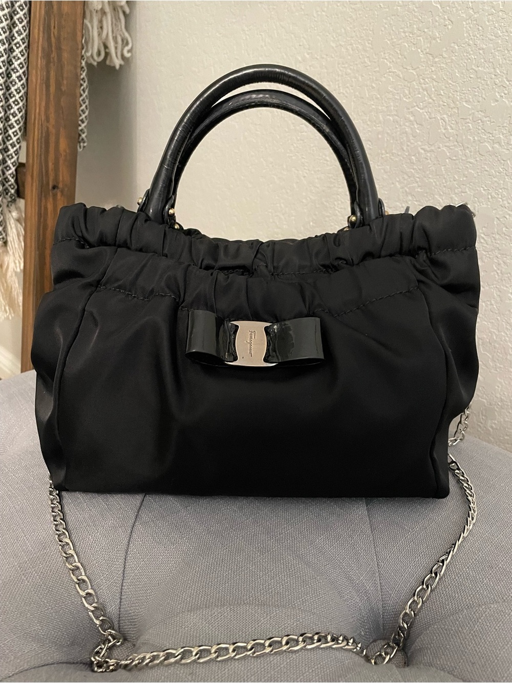 Authentic- Feregamo Nylon bag                Black Bow-Accent Shoulder Satchel